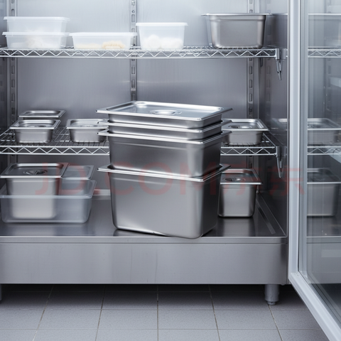 Depósitos gastronómicos MTL organizados en refrigerador comercial