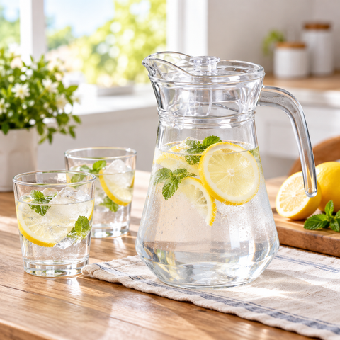 Jarra de vidrio con tapa sirviendo agua con limón en una cocina