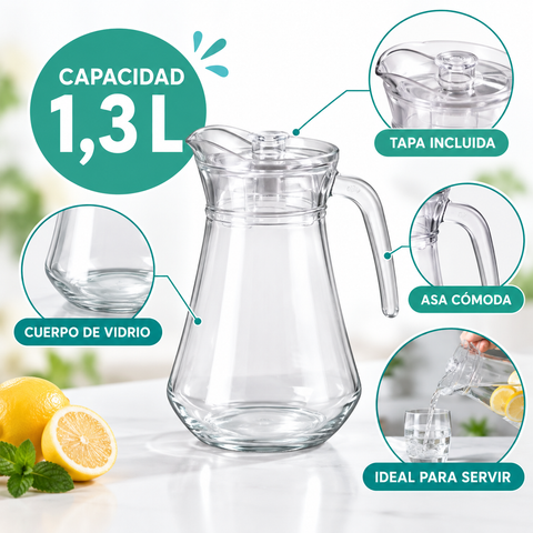 Características de la jarra de vidrio con tapa y capacidad de 1,3 litros