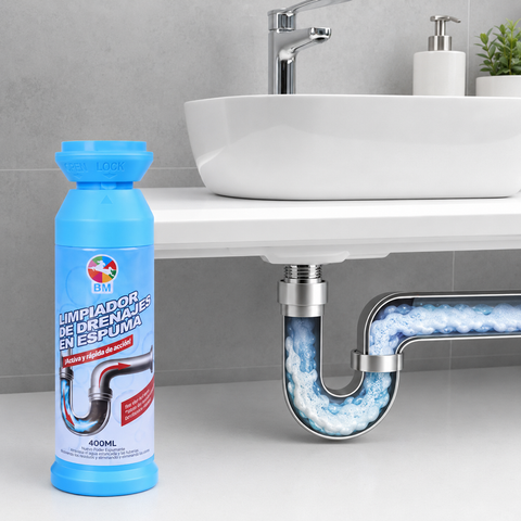 Limpiador de desagües en espuma 400 ml junto a lavamanos y tubería