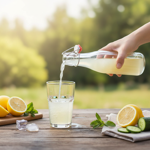 Persona sirviendo bebida de botella 500ml hermética