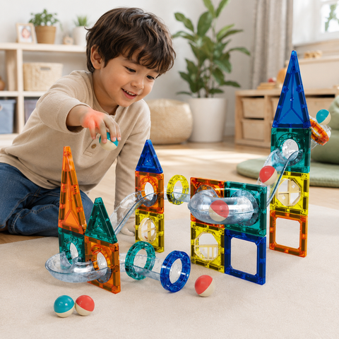 Niño jugando con bloques magnéticos y pista de canicas