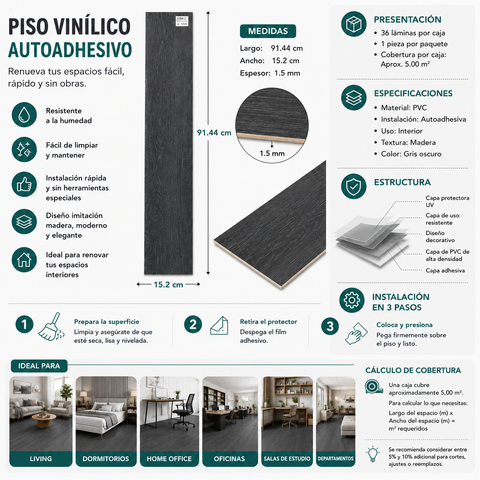 Piso Vinílico Autoadhesivo Gris Grafito 5 m² | Caja 36 Láminas