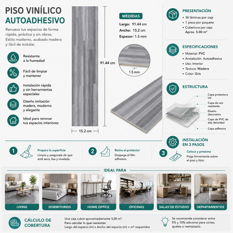 Piso Vinílico Autoadhesivo Gris Listonado 5 m² | Caja 36 Láminas
