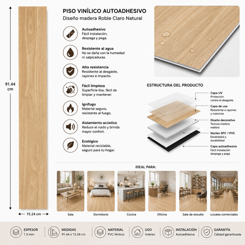 Piso Vinílico Autoadhesivo Roble Claro Natural | Caja 36 Piezas | 91,44 x 15,24 cm
