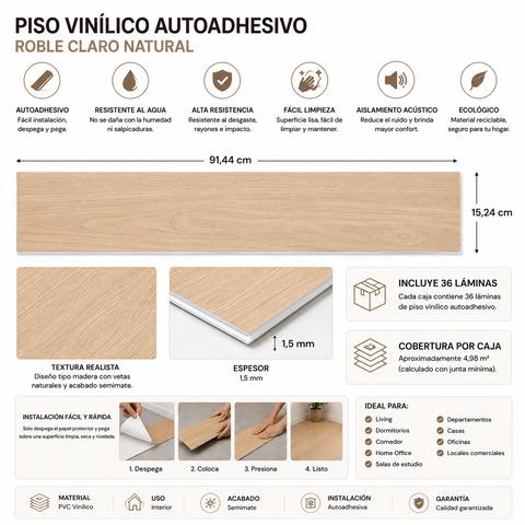 Piso Vinílico Autoadhesivo Roble Claro Natural – Caja 36 Láminas | Fácil Instalación