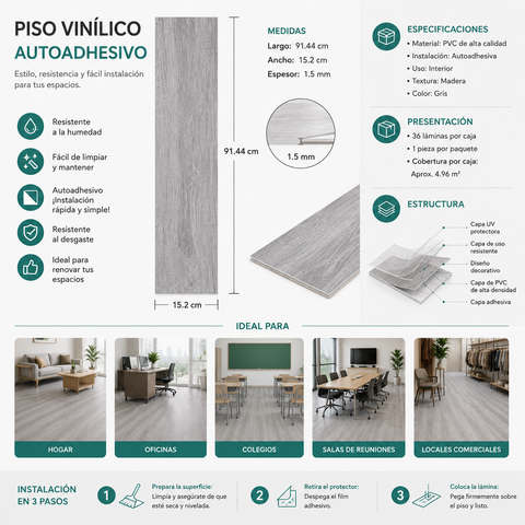 Piso Vinílico Autoadhesivo Gris Ceniza Claro | Caja 36 Láminas · 5 m²