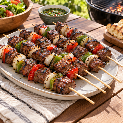 Anticuchos preparados con palos de bambú