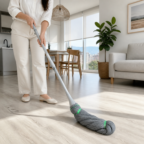 Mopa extensible gris limpiando piso del hogar