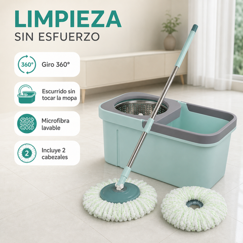 Beneficios de mopa giratoria 360 con microfibra lavable y 2 cabezales