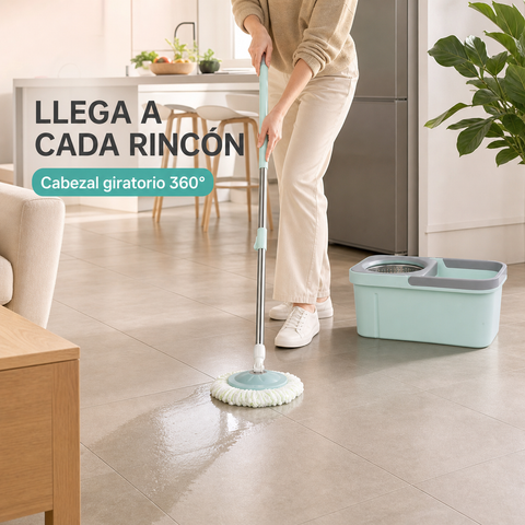 Mopa giratoria 360 limpiando piso de porcelanato en el hogar