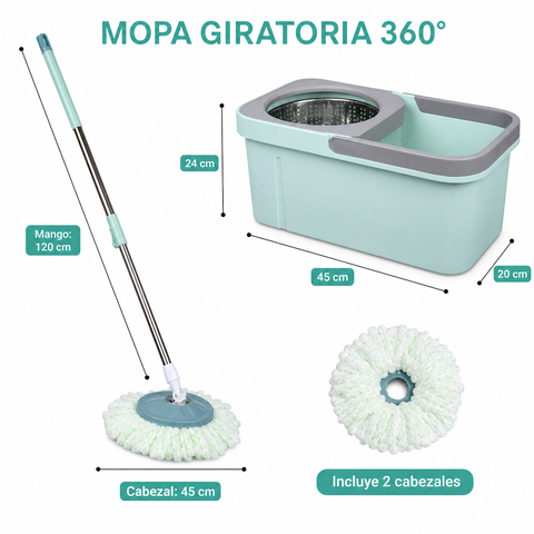 Medidas de mopa giratoria 360 con cubo centrifugador y 2 cabezales