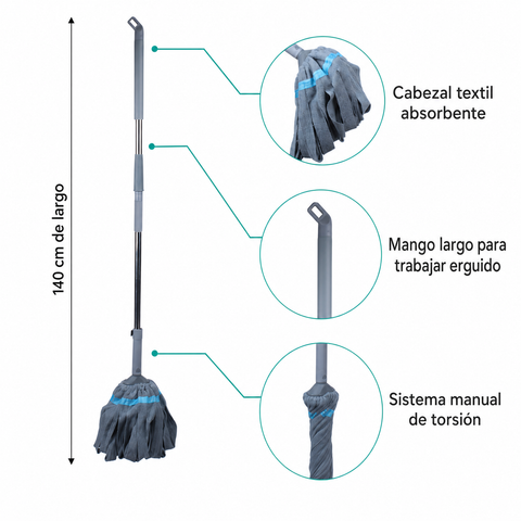 Mopa autoescurrible de 140 cm con cabezal textil y sistema de torsión